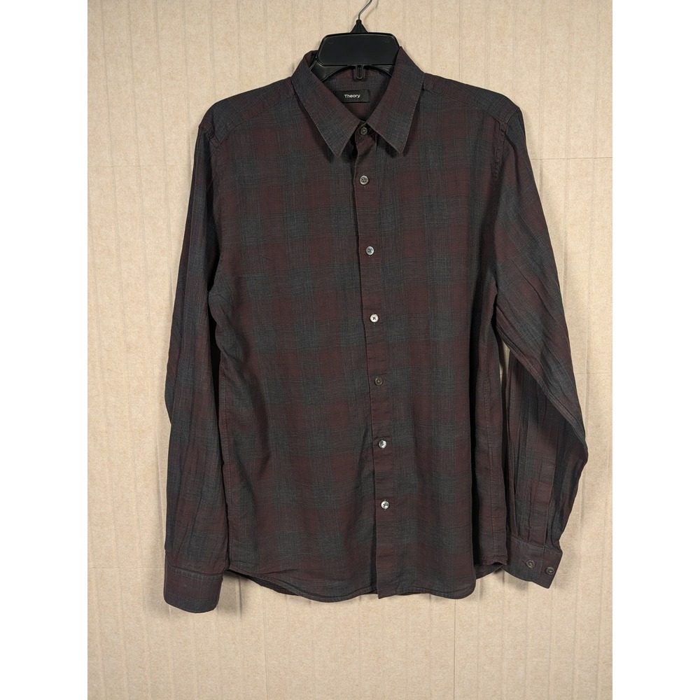 Theory Button Down Shirt Mens M Burgundy Plaid Phoenix Venlo Check Excellent